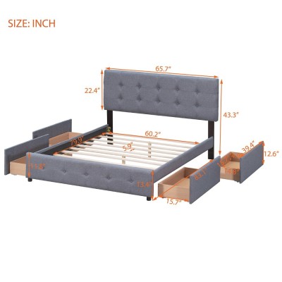 Upholstered Platform Bed Modern Headboard 4 Drawers Eco-Friendly Durable Design No Box Spring Needed Linen Fabric Queen Soft Bed