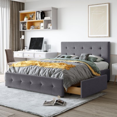 Upholstered Platform Bed Modern Headboard 4 Drawers Eco-Friendly Durable Design No Box Spring Needed Linen Fabric Queen Soft Bed