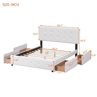 Upholstered Platform Bed Modern Headboard 4 Drawers Eco-Friendly Durable Design No Box Spring Needed Linen Fabric Queen Soft Bed
