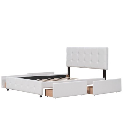 Upholstered Platform Bed Modern Headboard 4 Drawers Eco-Friendly Durable Design No Box Spring Needed Linen Fabric Queen Soft Bed