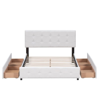 Upholstered Platform Bed Modern Headboard 4 Drawers Eco-Friendly Durable Design No Box Spring Needed Linen Fabric Queen Soft Bed