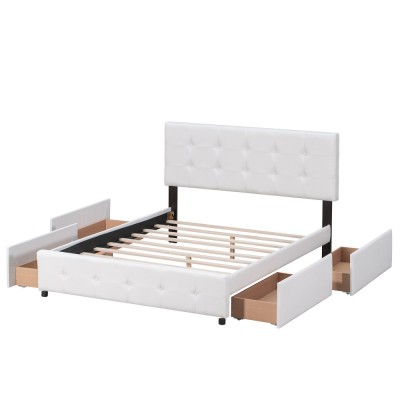 Upholstered Platform Bed Modern Headboard 4 Drawers Eco-Friendly Durable Design No Box Spring Needed Linen Fabric Queen Soft Bed