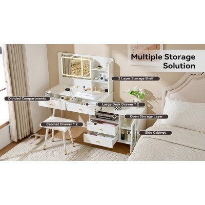 Modern LED Wood Makeup Vanity Desk with Retractable Mirror Lights Dressing Table Drawers Compact Cabinet Hotel Bedroom Use