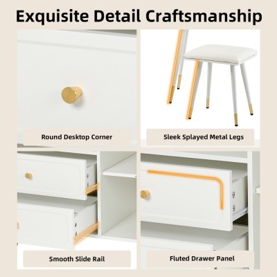 Modern LED Wood Makeup Vanity Desk with Retractable Mirror Lights Dressing Table Drawers Compact Cabinet Hotel Bedroom Use