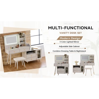 Modern LED Wood Makeup Vanity Desk with Retractable Mirror Lights Dressing Table Drawers Compact Cabinet Hotel Bedroom Use