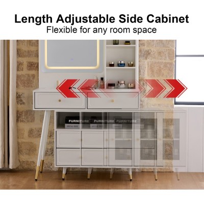 Modern LED Wood Makeup Vanity Desk with Retractable Mirror Lights Dressing Table Drawers Compact Cabinet Hotel Bedroom Use