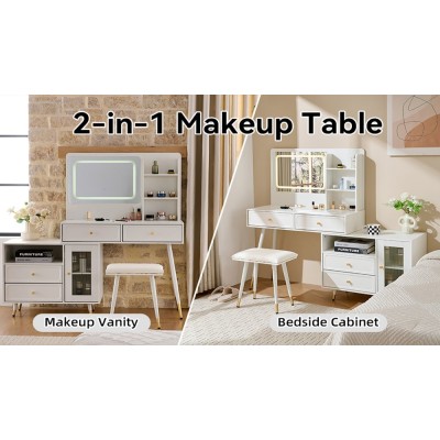 Modern LED Wood Makeup Vanity Desk with Retractable Mirror Lights Dressing Table Drawers Compact Cabinet Hotel Bedroom Use