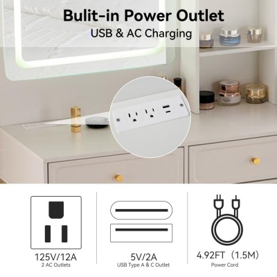 Modern LED Wood Makeup Vanity Desk with Retractable Mirror Lights Dressing Table Drawers Compact Cabinet Hotel Bedroom Use