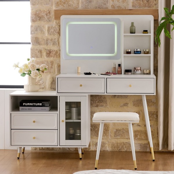Modern LED Wood Makeup Vanity Desk with Retractable Mirror Lights Dressing Table Drawers Compact Cabinet Hotel Bedroom Use