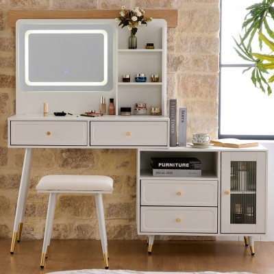 Modern LED Wood Makeup Vanity Desk with Retractable Mirror Lights Dressing Table Drawers Compact Cabinet Hotel Bedroom Use