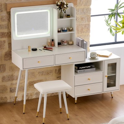 Modern LED Wood Makeup Vanity Desk with Retractable Mirror Lights Dressing Table Drawers Compact Cabinet Hotel Bedroom Use