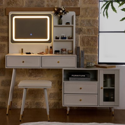 Modern LED Wood Makeup Vanity Desk with Retractable Mirror Lights Dressing Table Drawers Compact Cabinet Hotel Bedroom Use