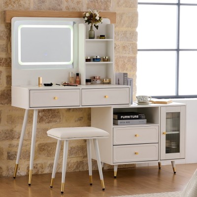 Modern LED Wood Makeup Vanity Desk with Retractable Mirror Lights Dressing Table Drawers Compact Cabinet Hotel Bedroom Use