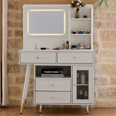 Modern LED Wood Makeup Vanity Desk with Retractable Mirror Lights Dressing Table Drawers Compact Cabinet Hotel Bedroom Use
