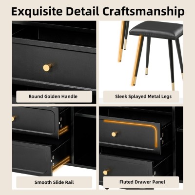 Modern LED Wood Makeup Vanity Desk with Retractable Mirror Lights Dressing Table Drawers Compact Cabinet Hotel Bedroom Use