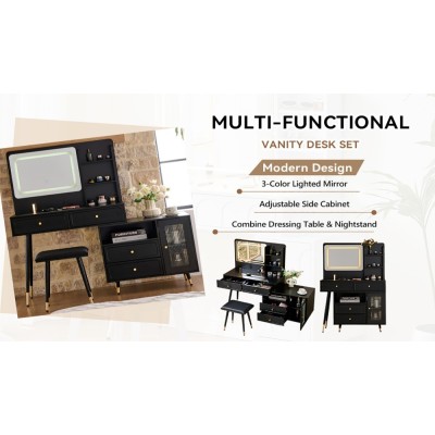 Modern LED Wood Makeup Vanity Desk with Retractable Mirror Lights Dressing Table Drawers Compact Cabinet Hotel Bedroom Use