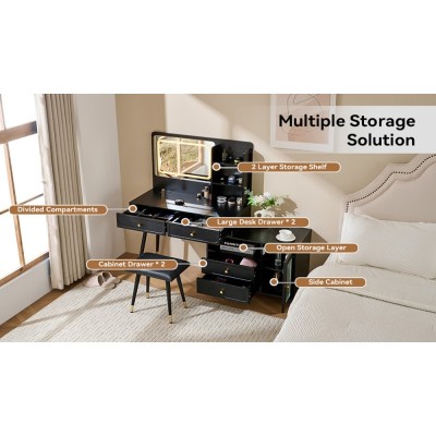 Modern LED Wood Makeup Vanity Desk with Retractable Mirror Lights Dressing Table Drawers Compact Cabinet Hotel Bedroom Use