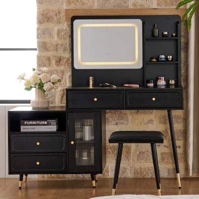 Modern LED Wood Makeup Vanity Desk with Retractable Mirror Lights Dressing Table Drawers Compact Cabinet Hotel Bedroom Use