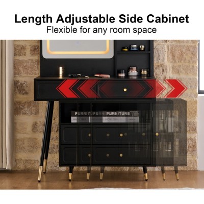 Modern LED Wood Makeup Vanity Desk with Retractable Mirror Lights Dressing Table Drawers Compact Cabinet Hotel Bedroom Use