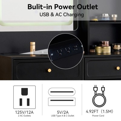 Modern LED Wood Makeup Vanity Desk with Retractable Mirror Lights Dressing Table Drawers Compact Cabinet Hotel Bedroom Use