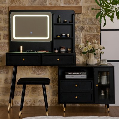 Modern LED Wood Makeup Vanity Desk with Retractable Mirror Lights Dressing Table Drawers Compact Cabinet Hotel Bedroom Use