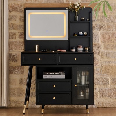 Modern LED Wood Makeup Vanity Desk with Retractable Mirror Lights Dressing Table Drawers Compact Cabinet Hotel Bedroom Use