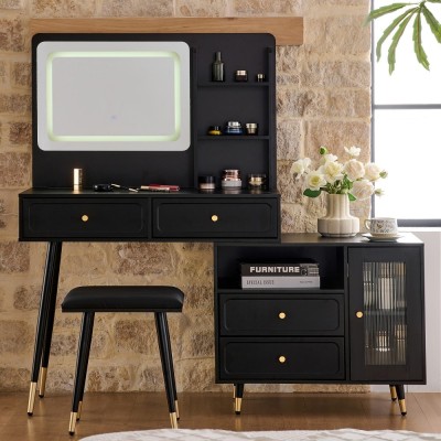 Modern LED Wood Makeup Vanity Desk with Retractable Mirror Lights Dressing Table Drawers Compact Cabinet Hotel Bedroom Use