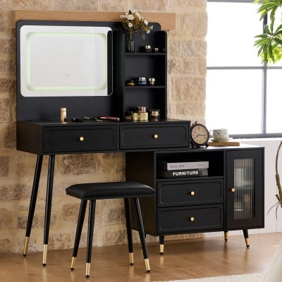 Modern LED Wood Makeup Vanity Desk with Retractable Mirror Lights Dressing Table Drawers Compact Cabinet Hotel Bedroom Use