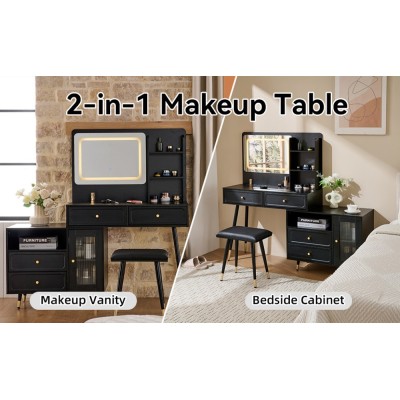 Modern LED Wood Makeup Vanity Desk with Retractable Mirror Lights Dressing Table Drawers Compact Cabinet Hotel Bedroom Use