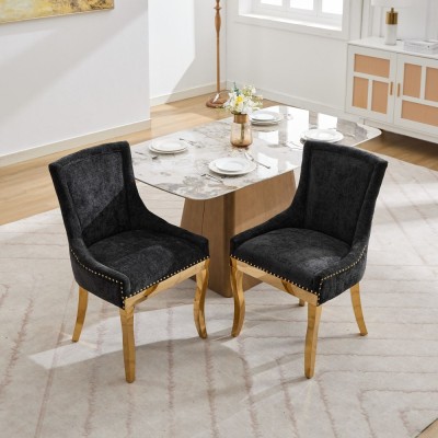 Chenille Dining Chairs Modern Style Curved Gold Plated Legs Rivet Trim Upholstered Comfort Dining Lounge Accent Seating Hotel