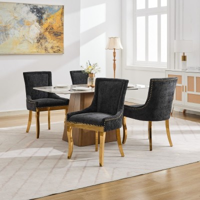 Chenille Dining Chairs Modern Style Curved Gold Plated Legs Rivet Trim Upholstered Comfort Dining Lounge Accent Seating Hotel