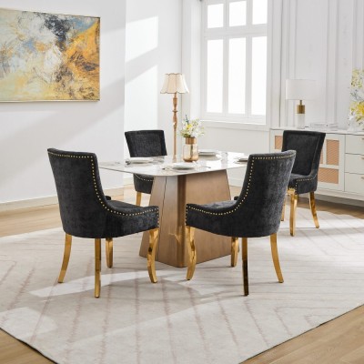 Chenille Dining Chairs Modern Style Curved Gold Plated Legs Rivet Trim Upholstered Comfort Dining Lounge Accent Seating Hotel