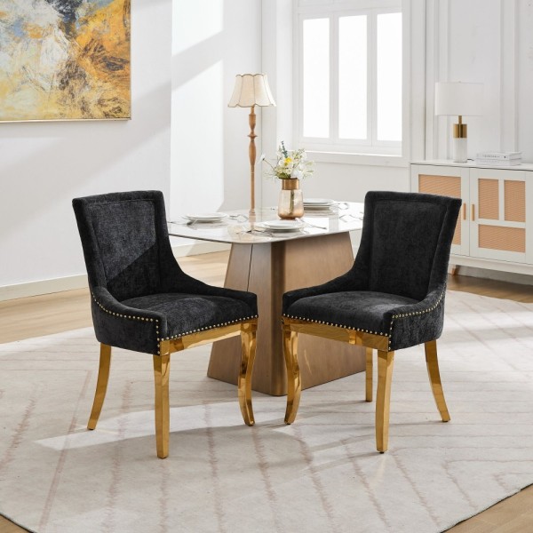 Chenille Dining Chairs Modern Style Curved Gold Plated Legs Rivet Trim Upholstered Comfort Dining Lounge Accent Seating Hotel