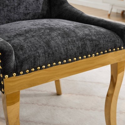 Chenille Dining Chairs Modern Style Curved Gold Plated Legs Rivet Trim Upholstered Comfort Dining Lounge Accent Seating Hotel