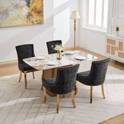 Chenille Dining Chairs Modern Style Curved Gold Plated Legs Rivet Trim Upholstered Comfort Dining Lounge Accent Seating Hotel