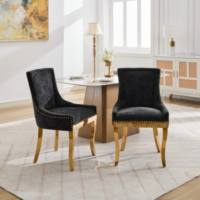 Chenille Dining Chairs Modern Style Curved Gold Plated Legs Rivet Trim Upholstered Comfort Dining Lounge Accent Seating Hotel