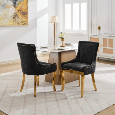 Chenille Dining Chairs Modern Style Curved Gold Plated Legs Rivet Trim Upholstered Comfort Dining Lounge Accent Seating Hotel