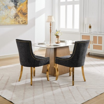 Chenille Dining Chairs Modern Style Curved Gold Plated Legs Rivet Trim Upholstered Comfort Dining Lounge Accent Seating Hotel
