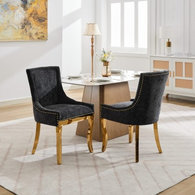 Chenille Dining Chairs Modern Style Curved Gold Plated Legs Rivet Trim Upholstered Comfort Dining Lounge Accent Seating Hotel