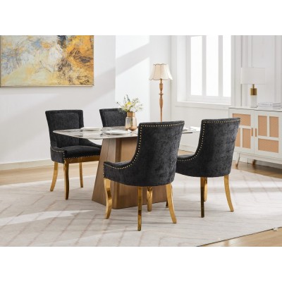 Chenille Dining Chairs Modern Style Curved Gold Plated Legs Rivet Trim Upholstered Comfort Dining Lounge Accent Seating Hotel