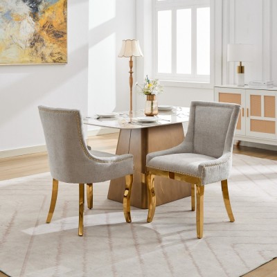 Chenille Dining Chairs Modern Style Curved Gold Plated Legs Rivet Trim Upholstered Comfort Dining Lounge Accent Seating Hotel