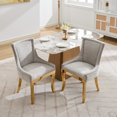 Chenille Dining Chairs Modern Style Curved Gold Plated Legs Rivet Trim Upholstered Comfort Dining Lounge Accent Seating Hotel
