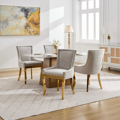 Chenille Dining Chairs Modern Style Curved Gold Plated Legs Rivet Trim Upholstered Comfort Dining Lounge Accent Seating Hotel