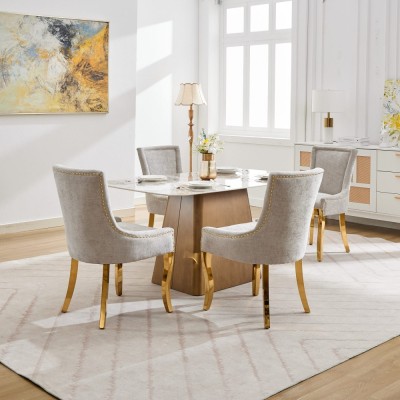 Chenille Dining Chairs Modern Style Curved Gold Plated Legs Rivet Trim Upholstered Comfort Dining Lounge Accent Seating Hotel