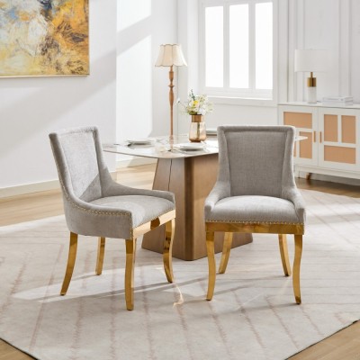 Chenille Dining Chairs Modern Style Curved Gold Plated Legs Rivet Trim Upholstered Comfort Dining Lounge Accent Seating Hotel