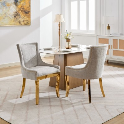 Chenille Dining Chairs Modern Style Curved Gold Plated Legs Rivet Trim Upholstered Comfort Dining Lounge Accent Seating Hotel