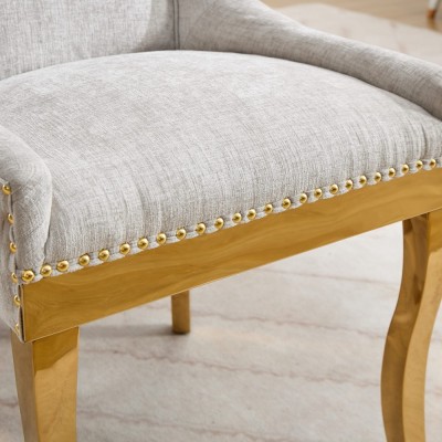 Chenille Dining Chairs Modern Style Curved Gold Plated Legs Rivet Trim Upholstered Comfort Dining Lounge Accent Seating Hotel