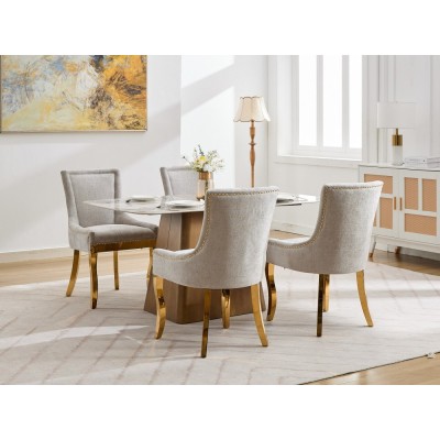 Chenille Dining Chairs Modern Style Curved Gold Plated Legs Rivet Trim Upholstered Comfort Dining Lounge Accent Seating Hotel
