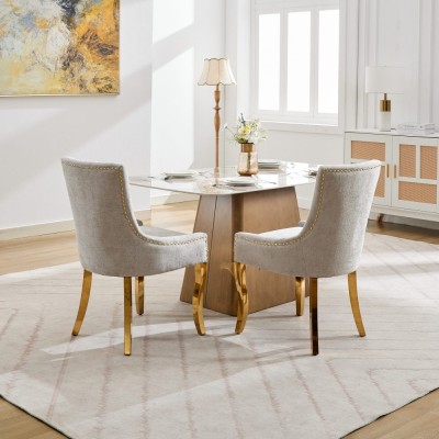 Chenille Dining Chairs Modern Style Curved Gold Plated Legs Rivet Trim Upholstered Comfort Dining Lounge Accent Seating Hotel