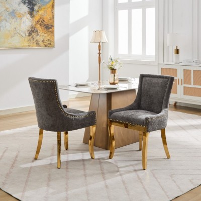 Chenille Dining Chairs Modern Style Curved Gold Plated Legs Rivet Trim Upholstered Comfort Dining Lounge Accent Seating Hotel